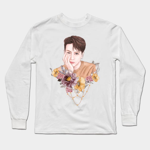 Brushed with Beauty: A Jackson Wang Fanart with Vintage-Inspired Florals Long Sleeve T-Shirt by Rakusumi Art